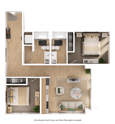 Floor plan for 2 beds, 2 baths, 1105 sqft